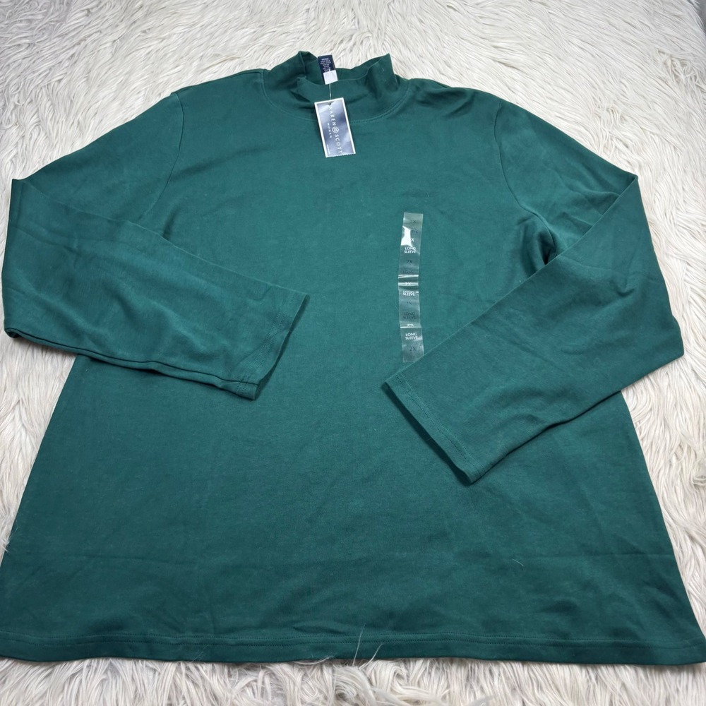 NWT Karen Scott Women's 2X Green Turtleneck Long Sleeve Tee Basic Christmas